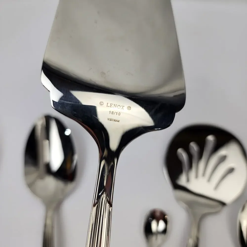 Lenox Stainless Flatware 18/10 Kennedy Serving Set 7pc Grooved Handle Glossy